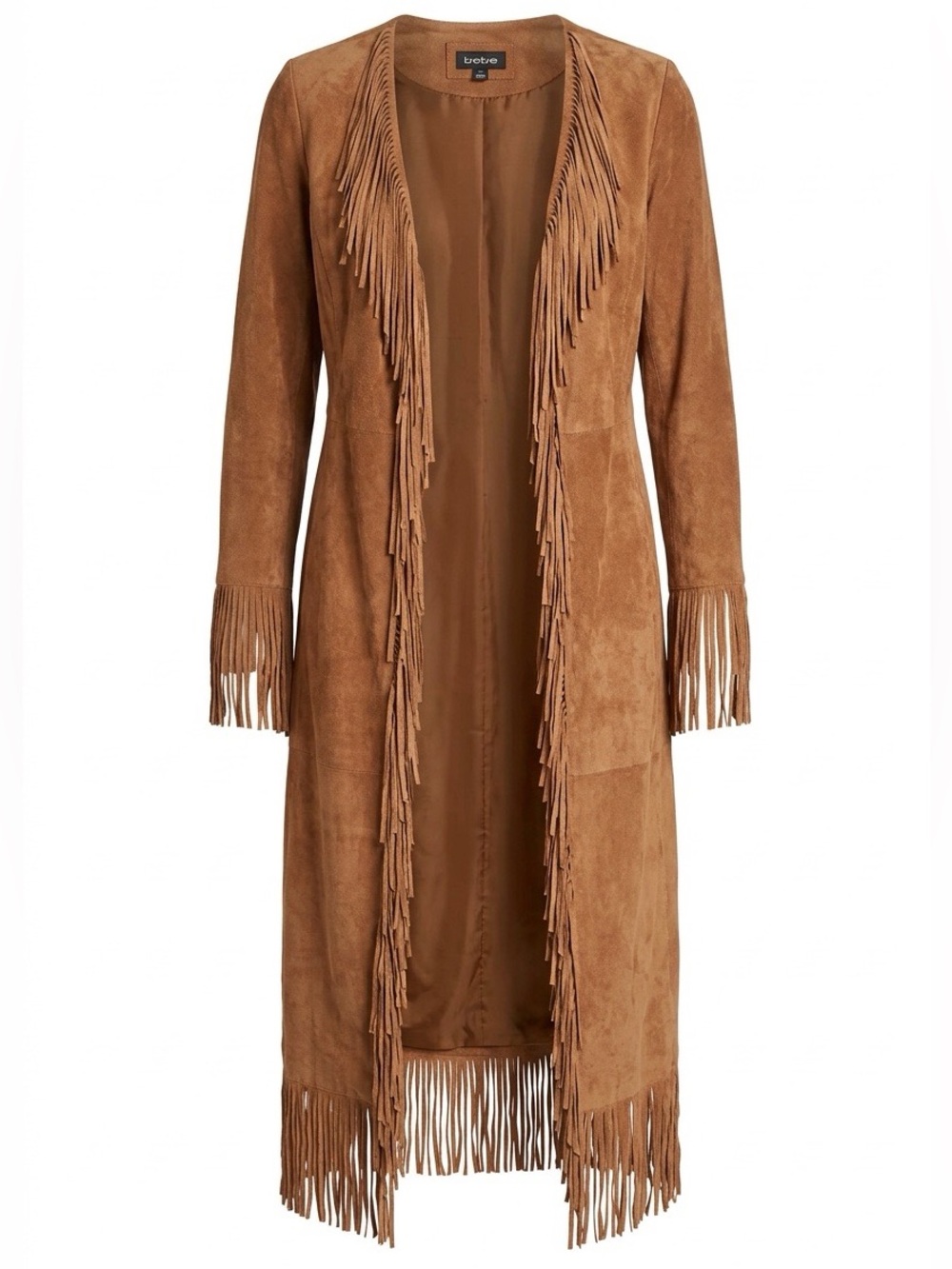 bebe Long Fringe Suede Coat in Light Brown